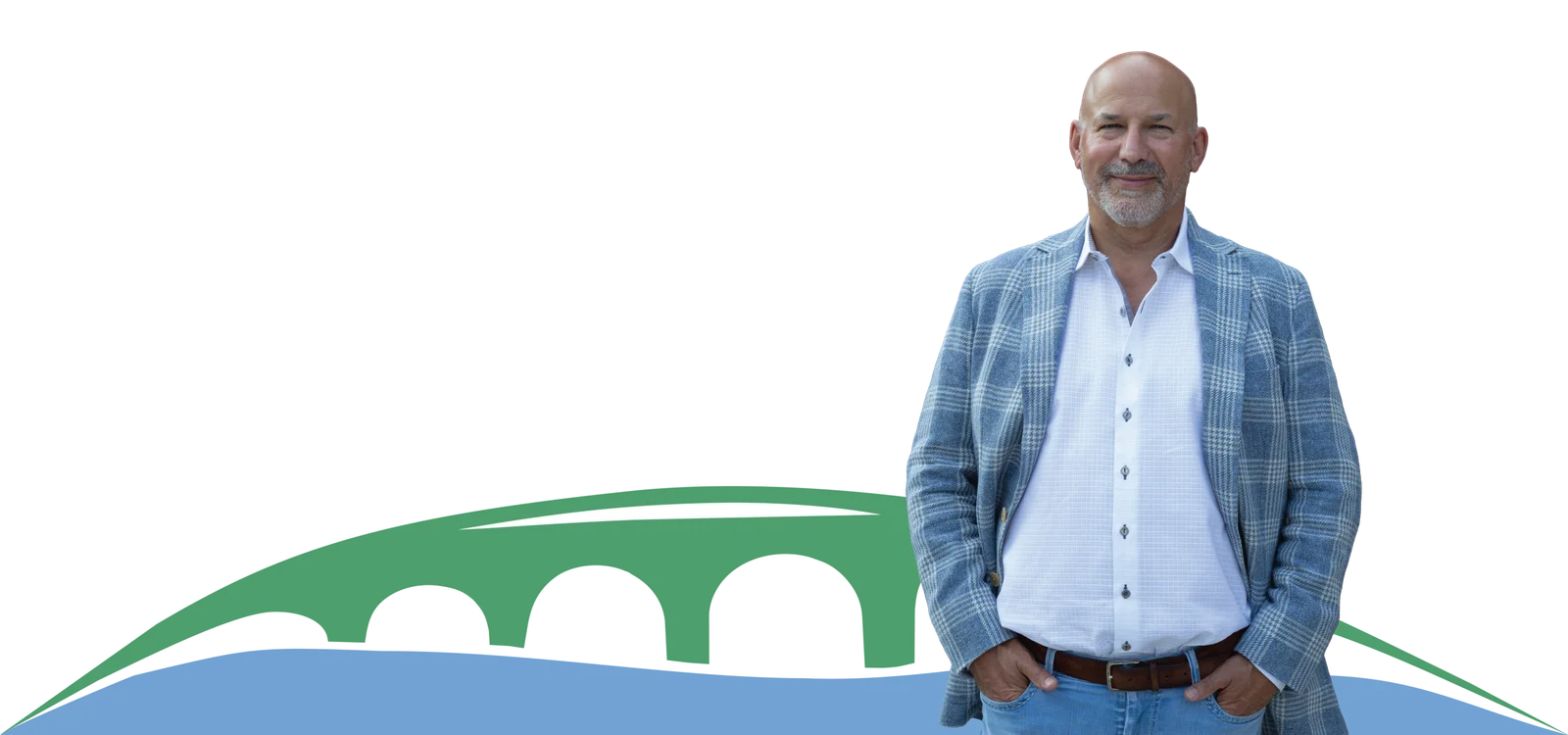 Chris Moser, candidate for Regional Councillor, in front of an illustrated Waterloo Region bridge and river